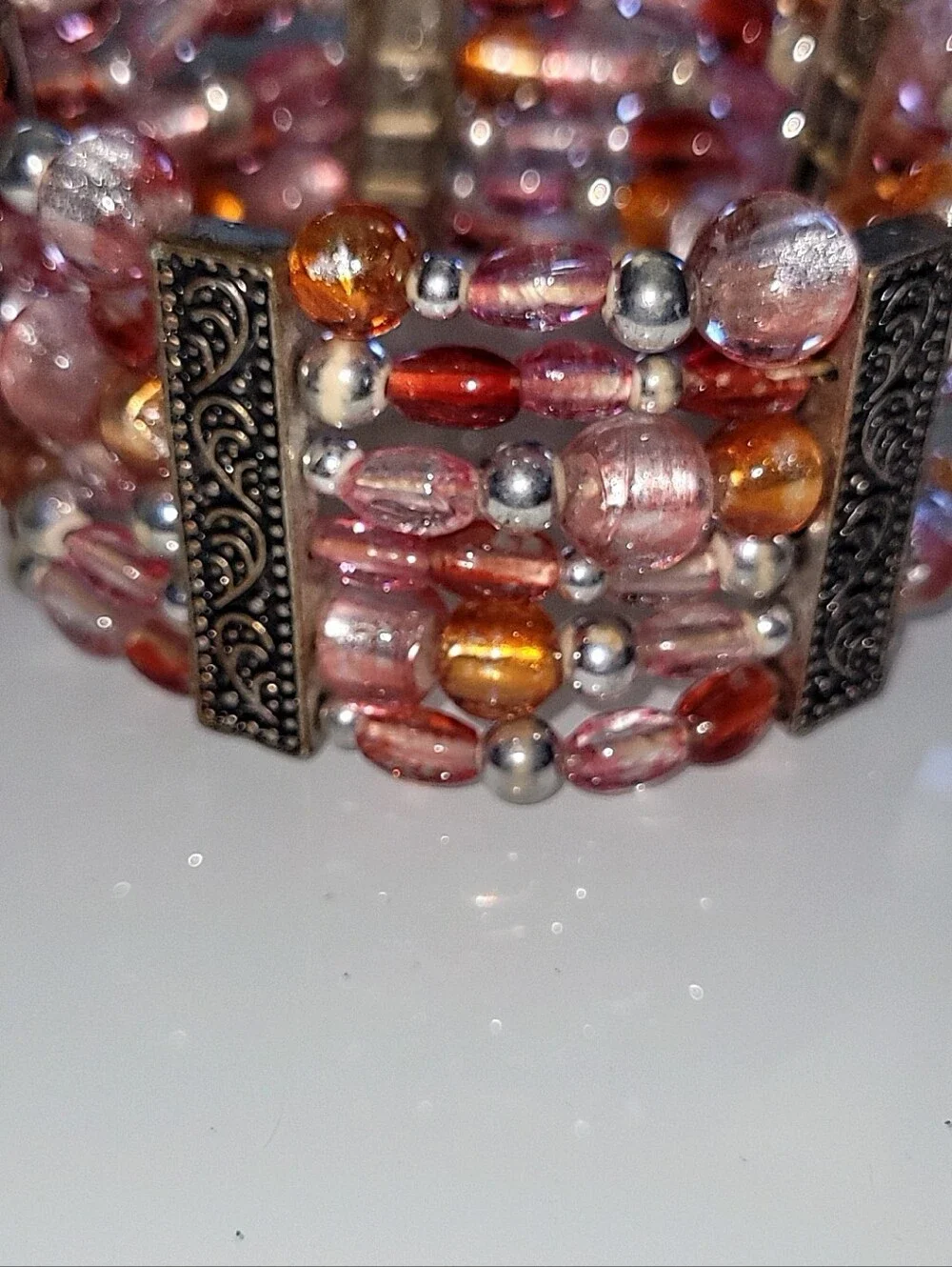 Pink Amber Multi Strand Beaded Stretch Cuff Bracelet Boho Statement